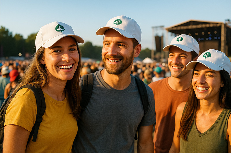 Bonés personalizados oferecidos no festival de verão.