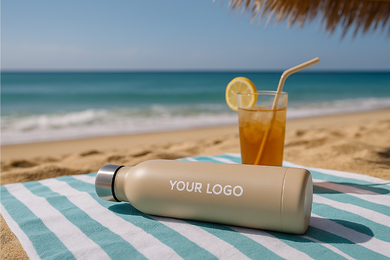 Garrafa térmica personalizada usada na praia