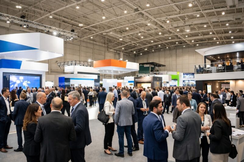 Feira empresarial em Lisboa com expositores e networking corporativo